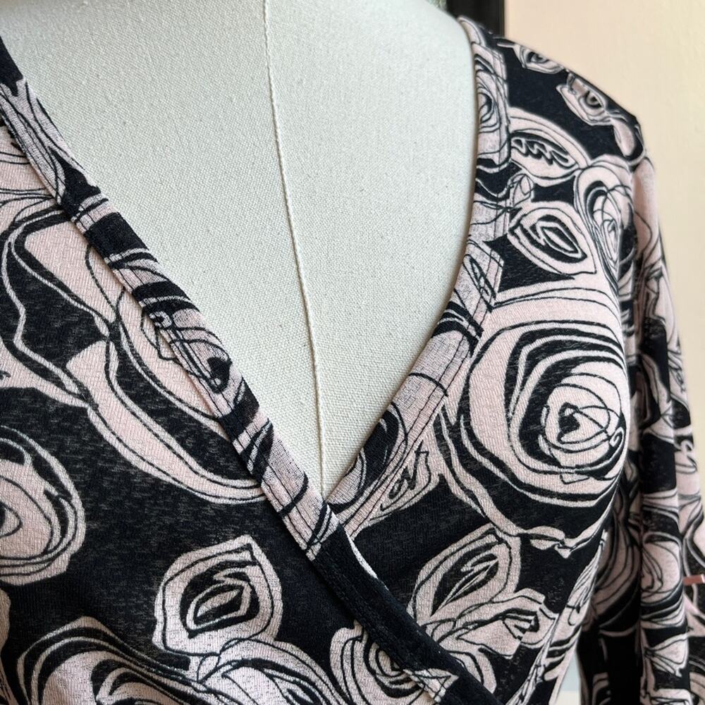 Y2K Floral Wrap Top | Pink Rose Print Mesh Blouse | Flared Sleeve | Size L - Picture 2 of 9